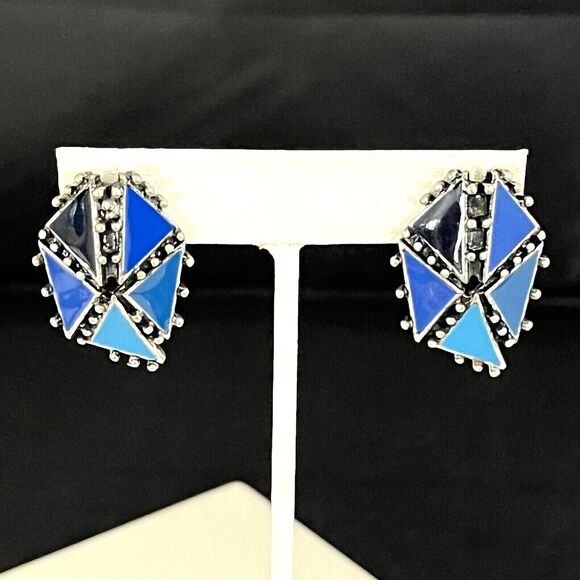 Vintage Earrings Blue Enamel Antique Silver Tone 80s Retro Glam 1H - Picture 4 of 4